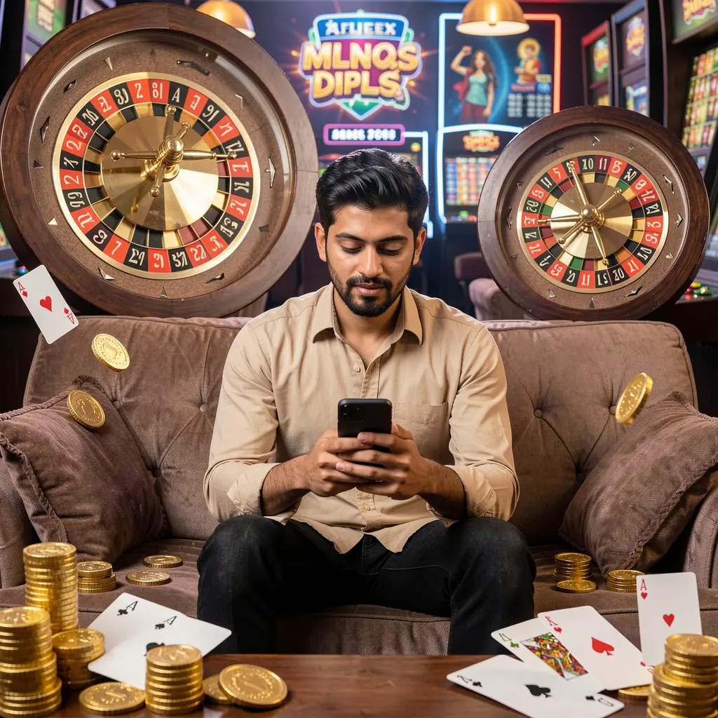 Confident Bangladeshi player using the 20OK casino app on his phone while surrounded by roulette wheels gold coins and poker chips