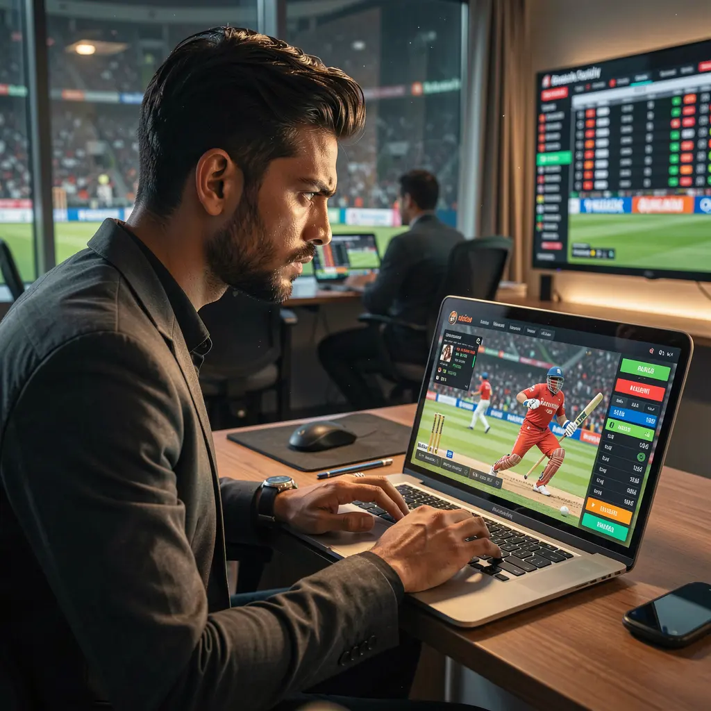 Professional Bangladeshi sports bettor analyzing live cricket odds on a laptop using the 20OK betting interface during an intense match moment