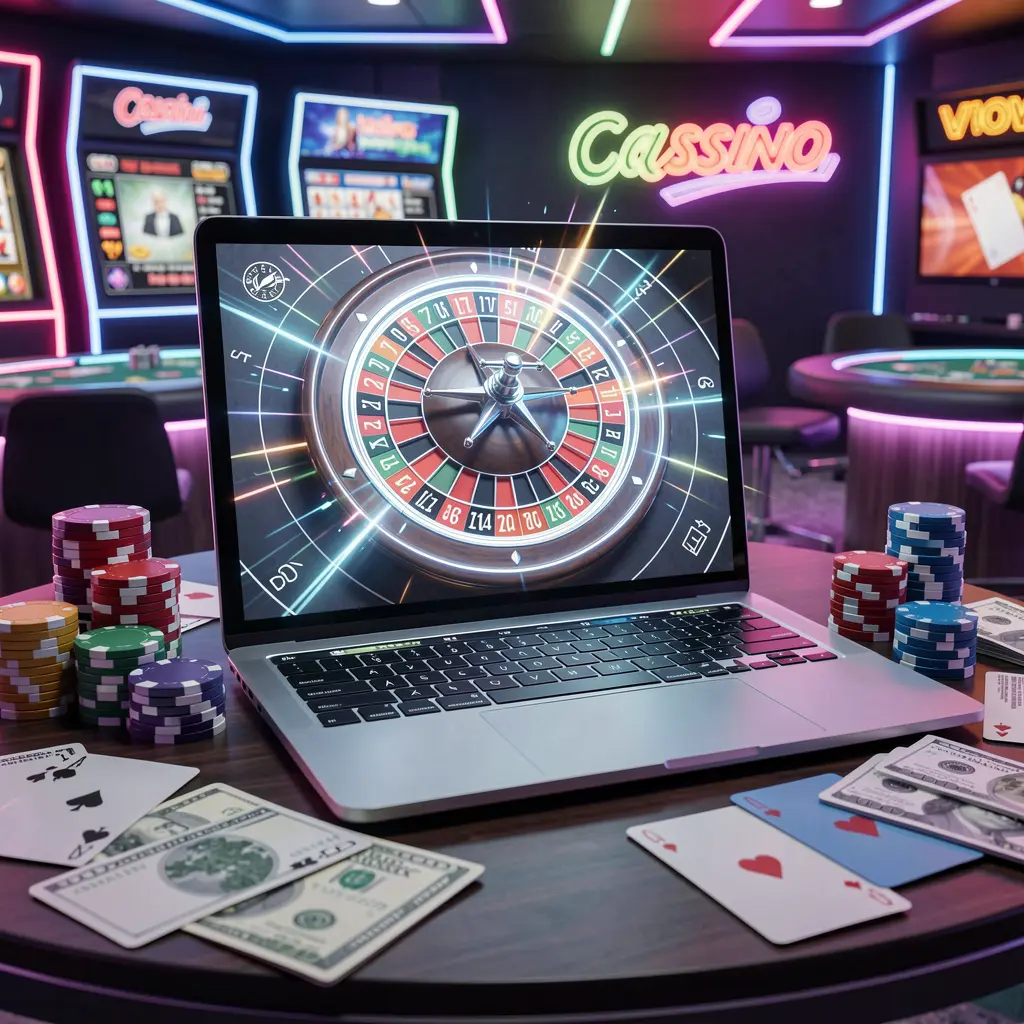 Futuristic online roulette scene on a laptop with glowing casino chips and cards highlighting immersive live casino play at 20OK in Bangladesh
