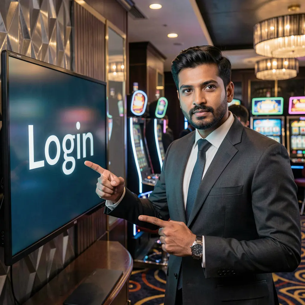 Confident Bangladeshi casino professional pointing at a glowing login screen inside a modern 20OK casino environment